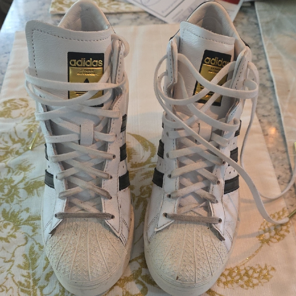 Adidas White Wedge Platform Sneakers with Black Stripes and Gold Logo